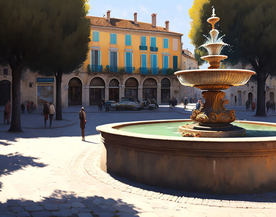 European Town Square with Fountain and Vintage Buildings in Sunlight