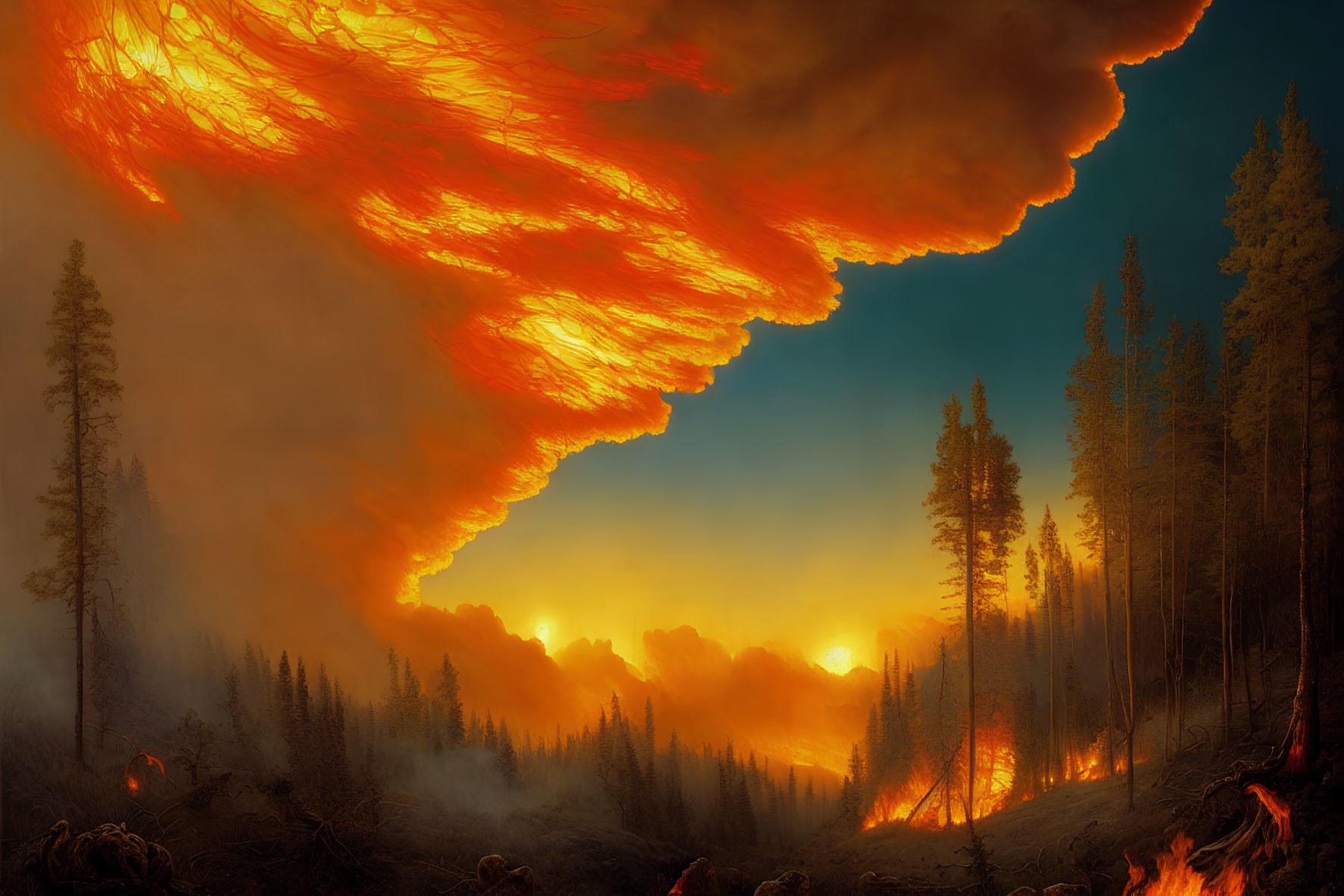 Dramatic fiery forest scene with orange and yellow sky and billowing smoke