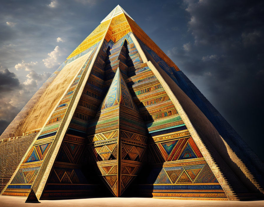 Vibrant digital pyramid with intricate patterns under dramatic sky