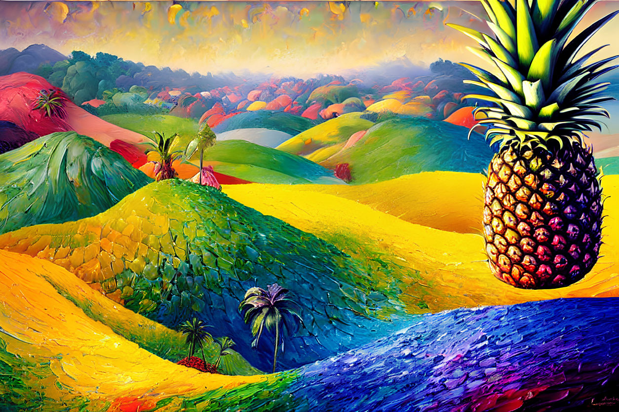 Colorful Surreal Landscape with Rolling Hills and Pineapple on Purple Path