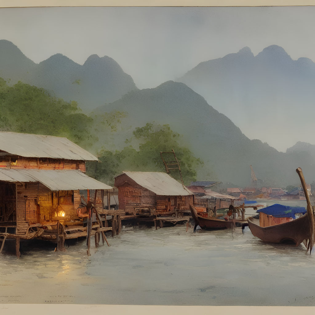 Rustic waterfront huts with illuminated interiors and moored boats against misty mountains