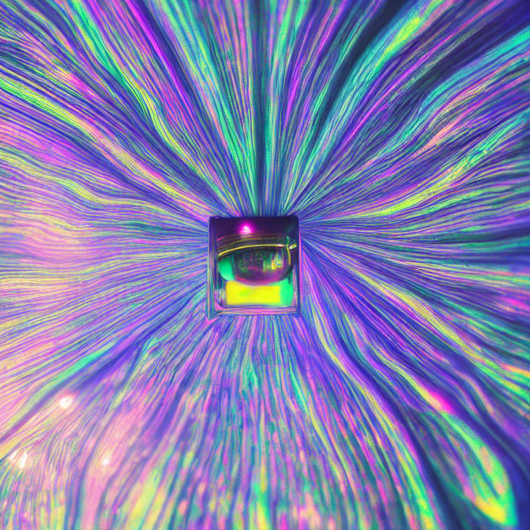 Abstract glowing cube surrounded by neon blue and purple light textures