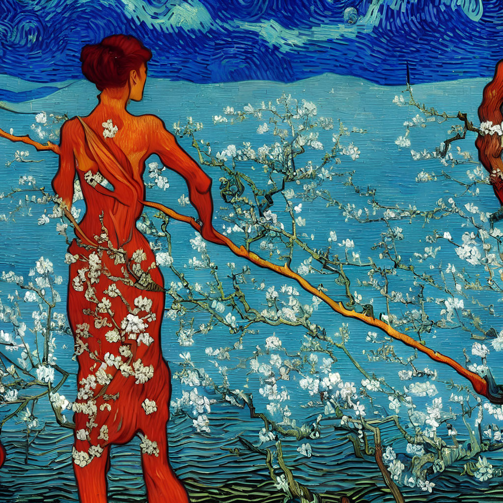 Woman in red floral dress admiring white blossoms under van Gogh-style blue sky