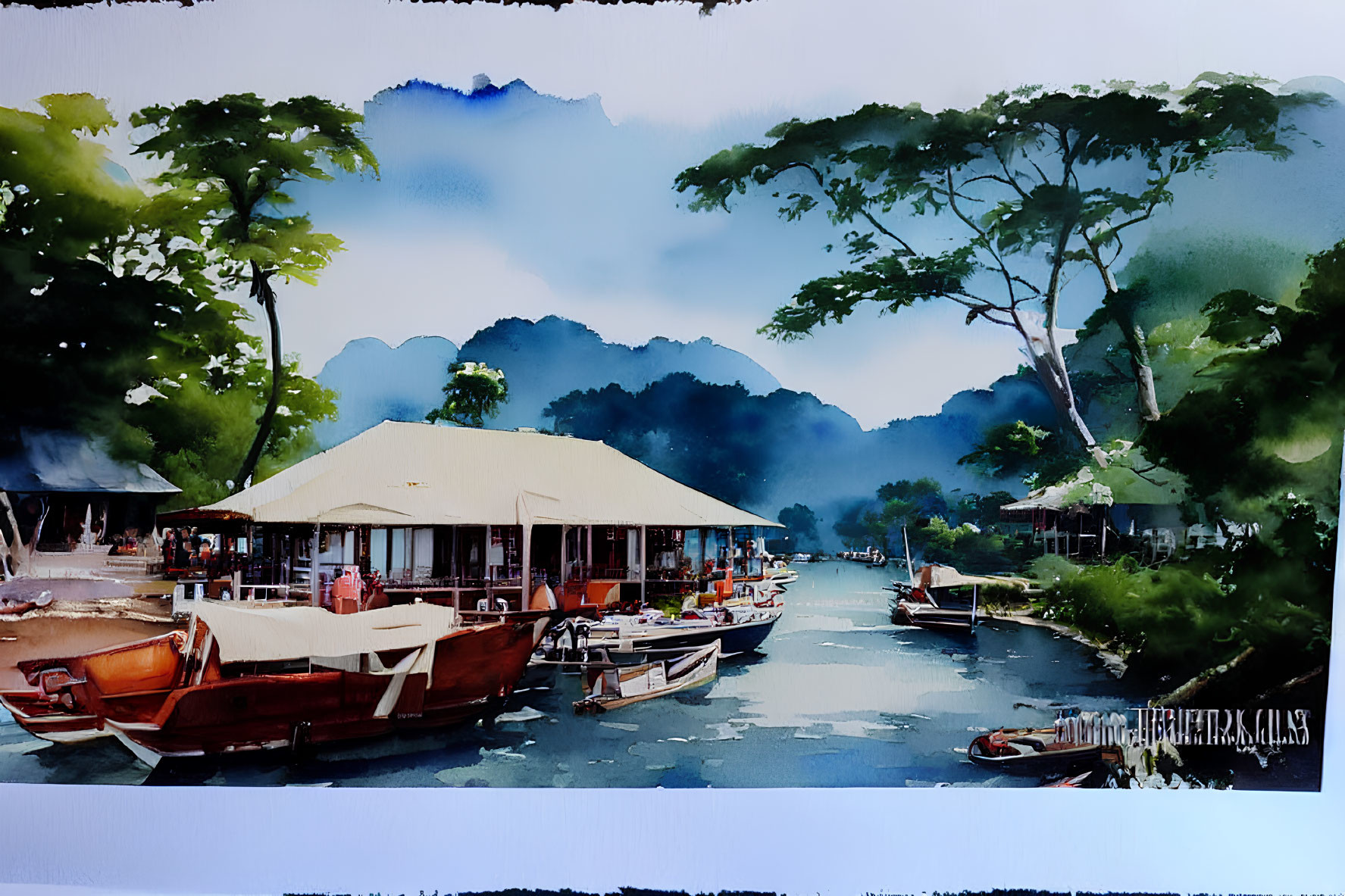 Serene riverside scene with moored boats and pavilion