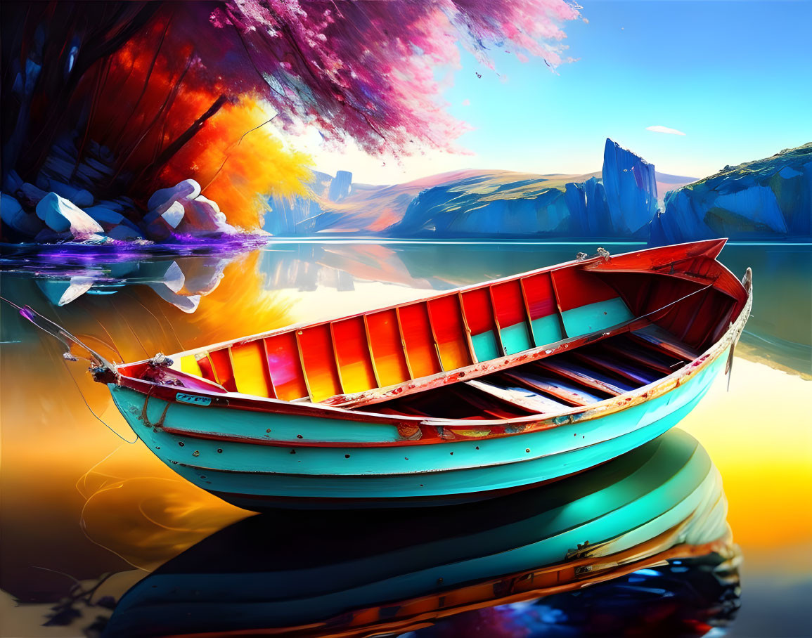 Colorful Boat on Calm Waters Surrounded by Vibrant Nature