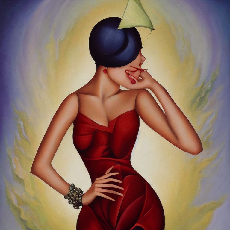 Stylized painting of woman in red dress with blue updo hairstyle, hand on chin, eyes