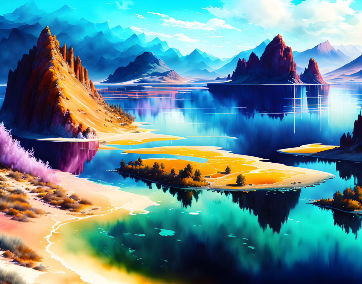 Colorful digital landscape of serene lake, mountains, and rock formations