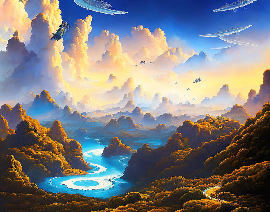 Fantastical landscape with river, forests, orange sky, floating islands, and futuristic ships