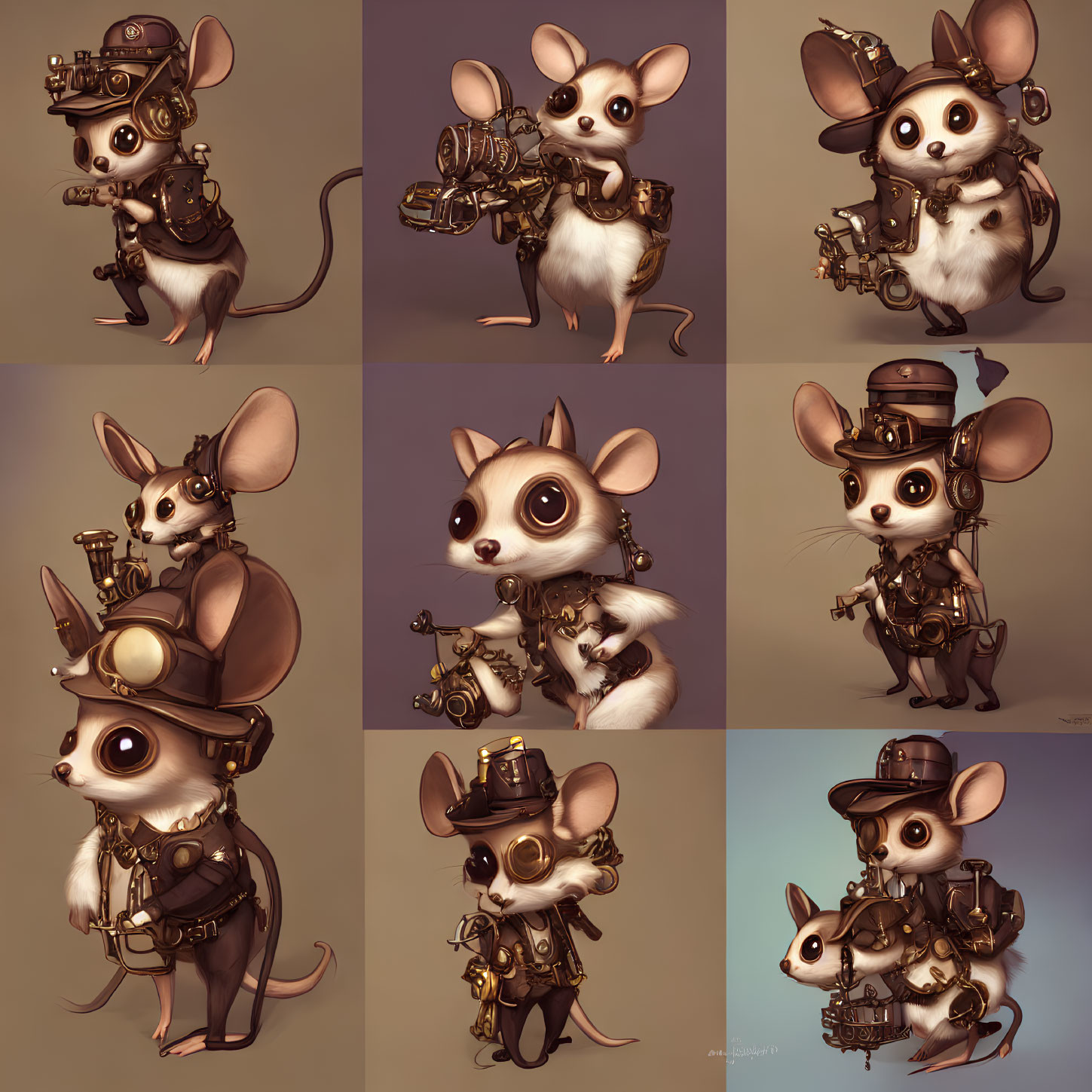 Nine anthropomorphic mouse illustrations in steampunk attire with goggles, top hat, and mechanical gadgets