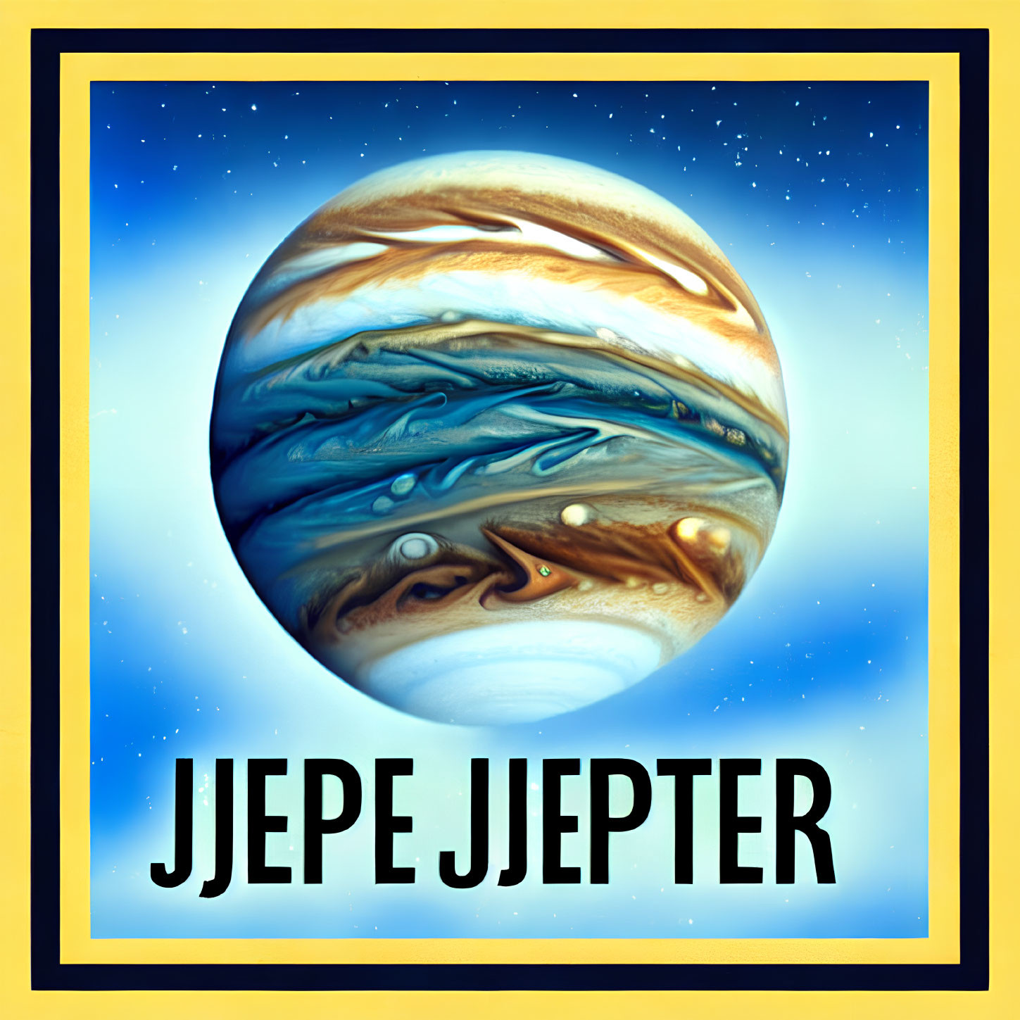 Stylized Jupiter portrait in blue frame on starry space background