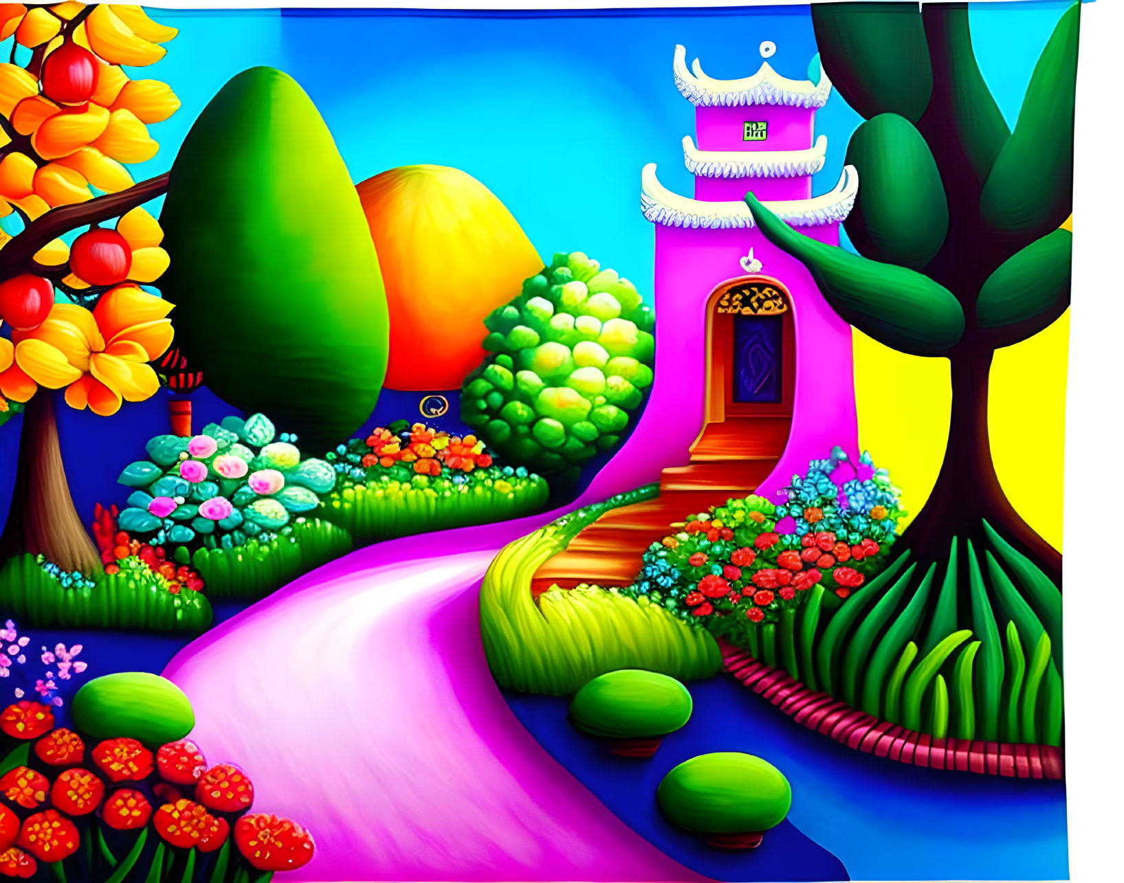 Colorful Pathway Leading to Asian-Style Structure in Vibrant Landscape