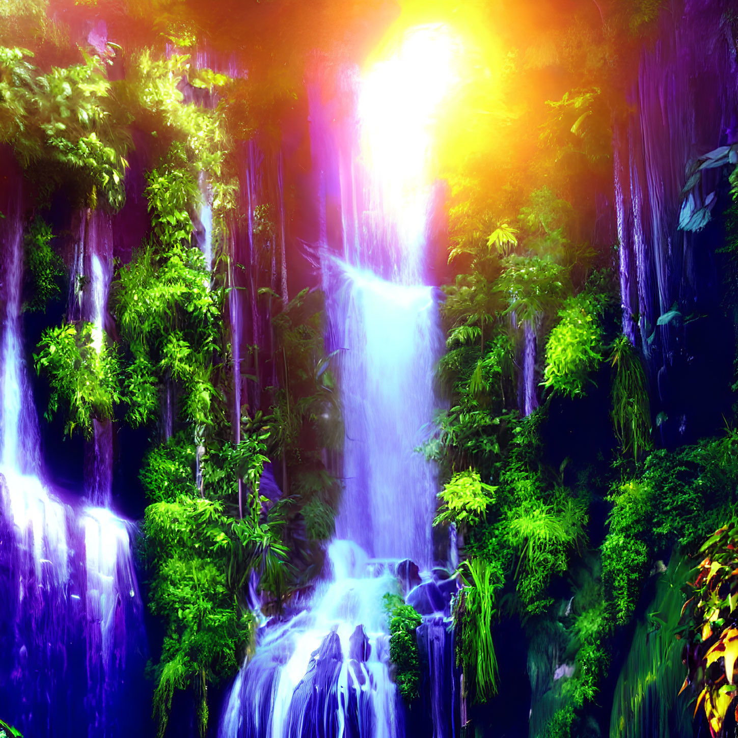 Mystical waterfall in lush green foliage under ethereal sunlight