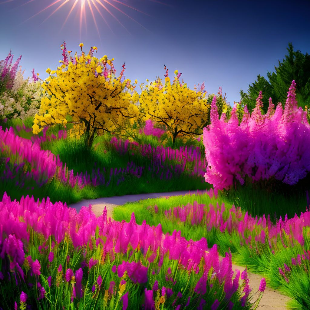 Colorful Garden with Pink and Yellow Blossoms and Serene Pathway