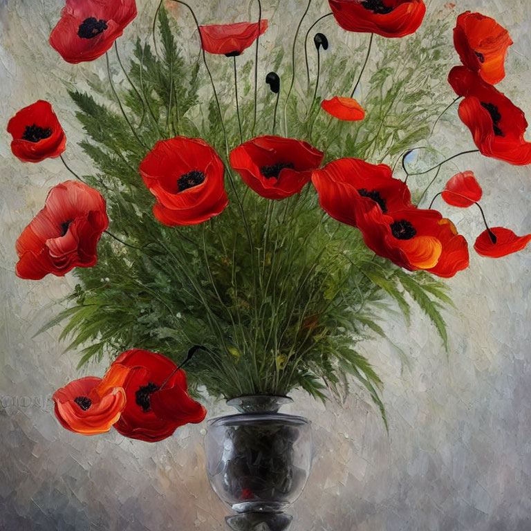 Red poppies bouquet with black centers in clear glass vase on beige background