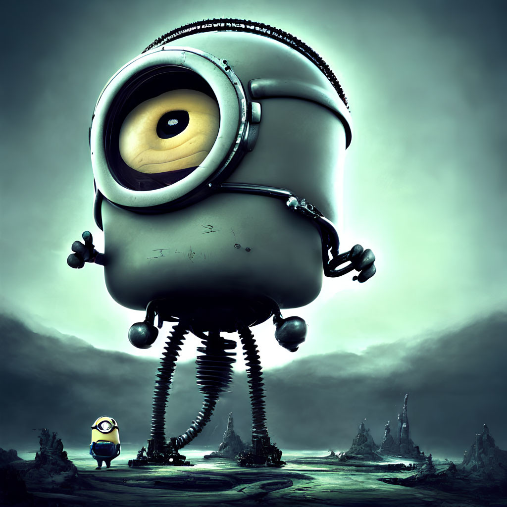 Giant one-eyed robot with spring legs in barren setting