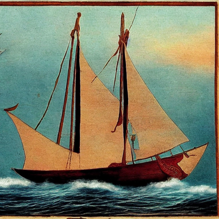 Traditional sailing ship with two billowing sails on calm sea at twilight