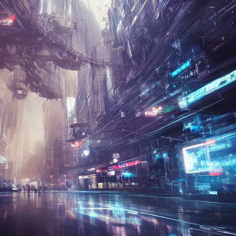 Futuristic urban scene with neon signs and towering buildings