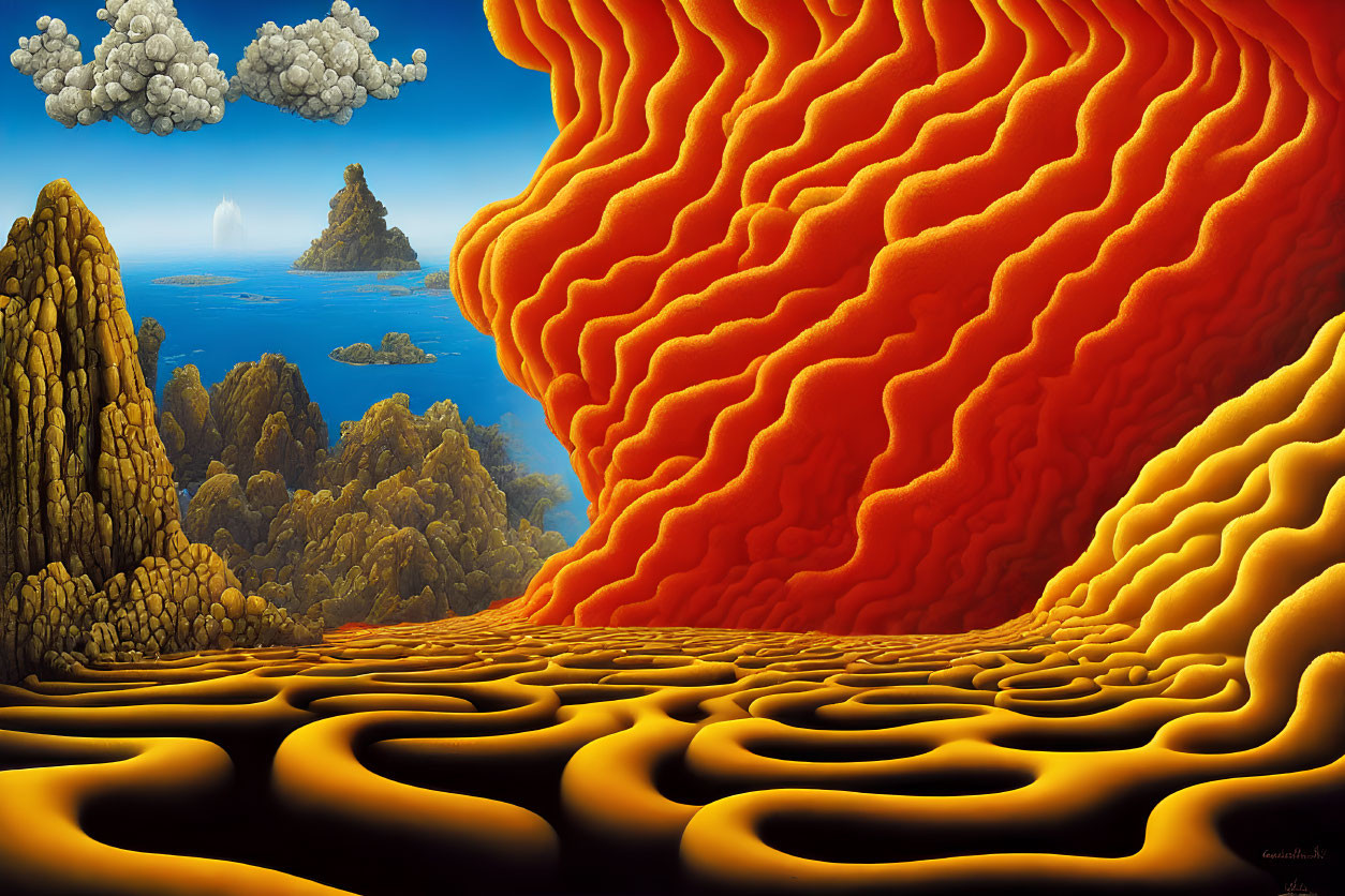 Surreal landscape with flowing orange and yellow lava patterns against blue sky and distant island