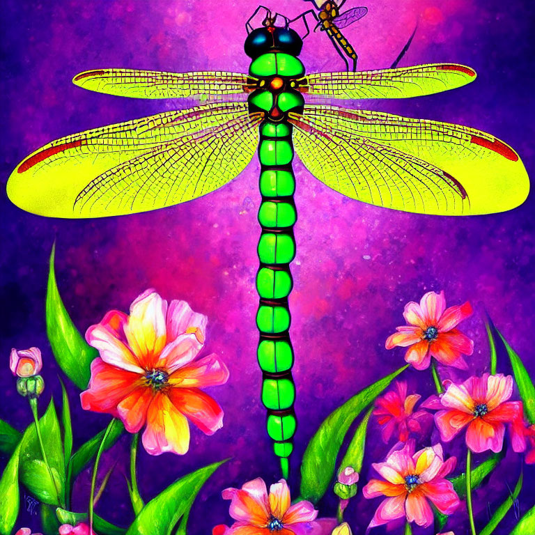 Detailed Dragonfly Illustration with Vibrant Wings and Floral Background