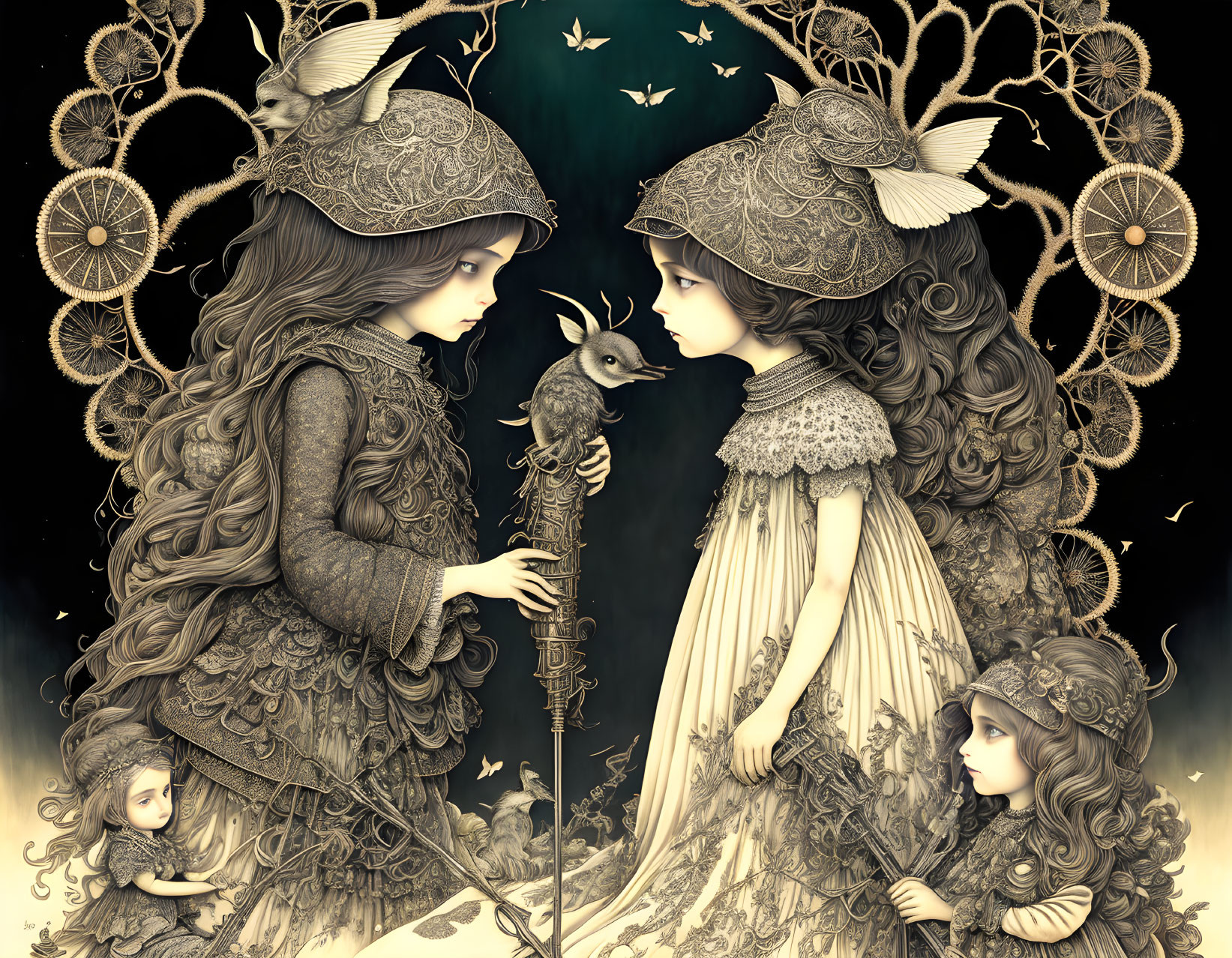 Mirror-image girls in intricate attire with bird, surrounded by ornate floral patterns and butterflies on dark backdrop