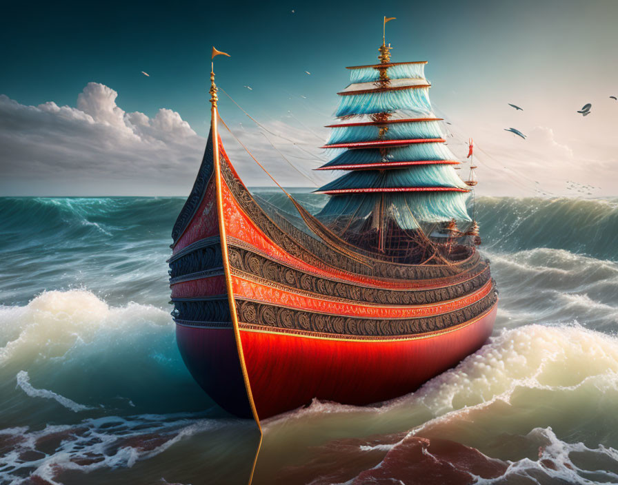 Ancient ship with red and green sails on choppy ocean under dramatic sky