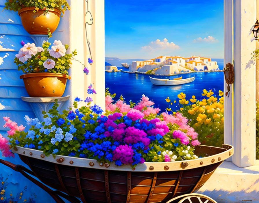 Blooming flowers on balcony with sea view and boats in background