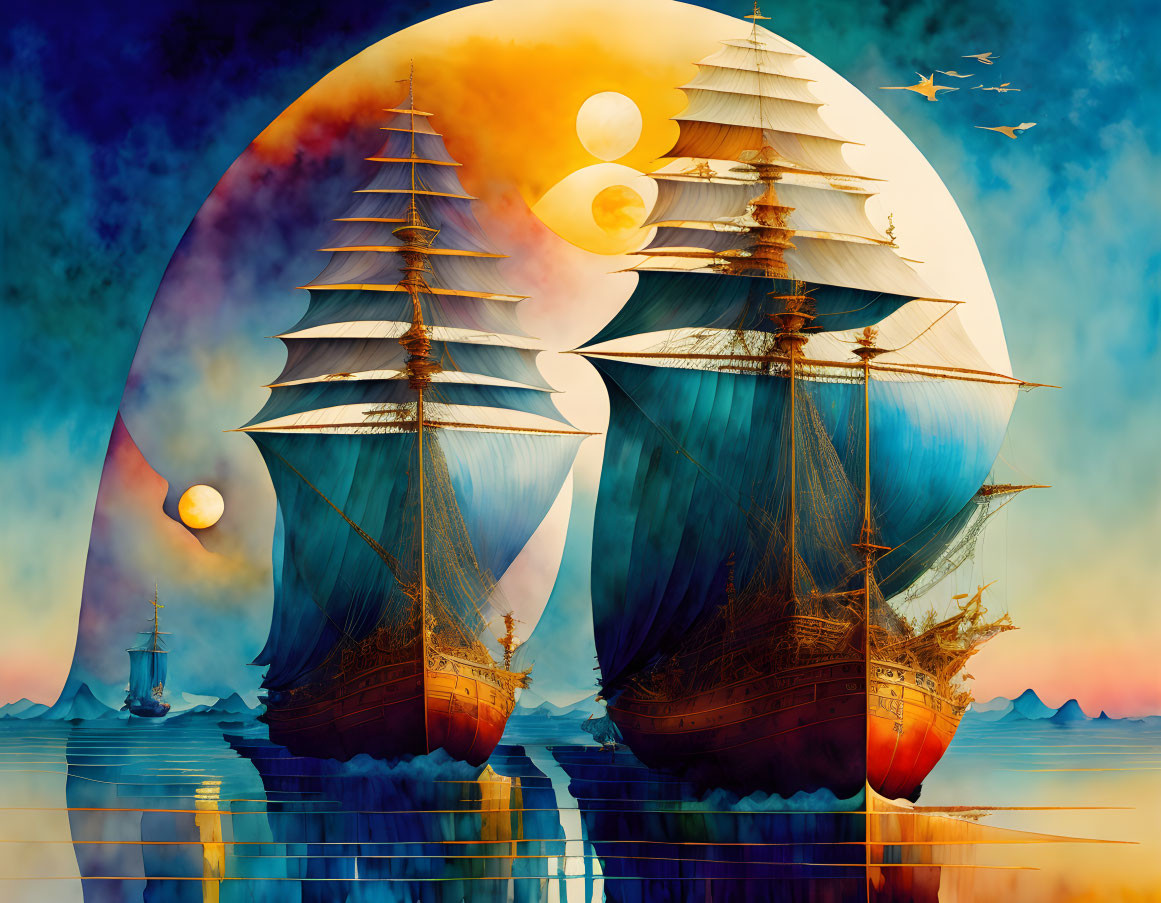 Surreal tall ships sailing on reflective water under giant moon with vivid sky, smaller moons, and