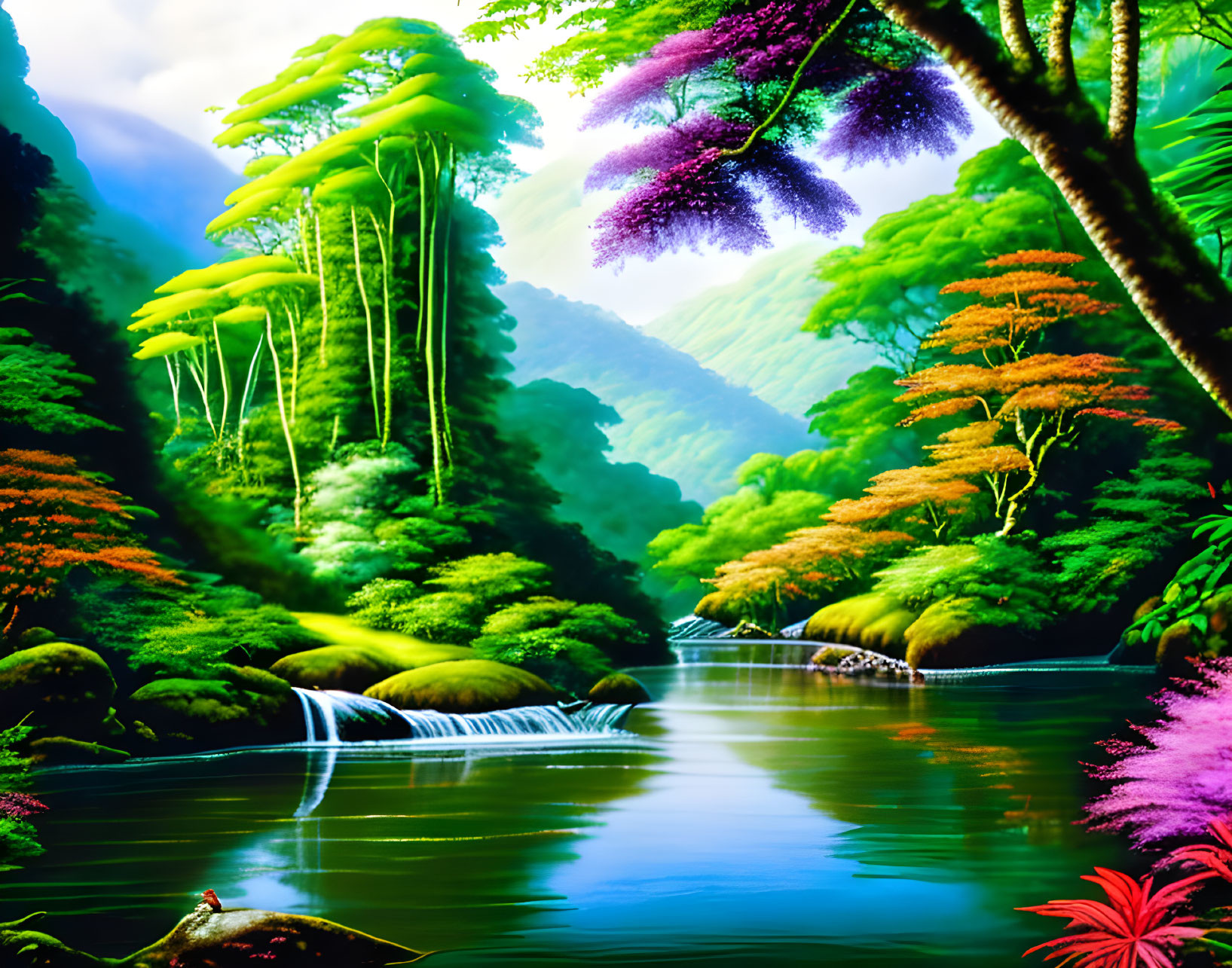 Colorful illustration: Serene river in lush forest