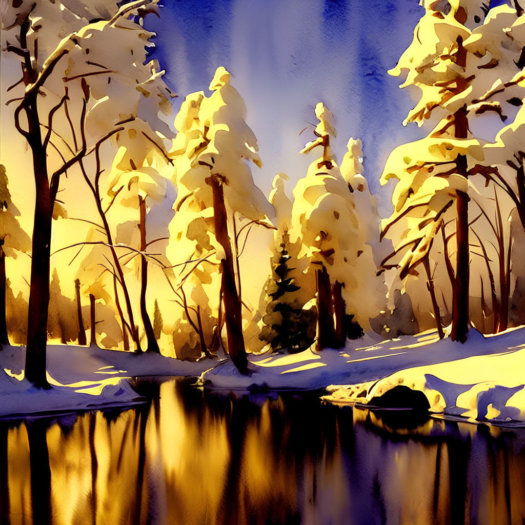 Winter sunset scene: snow-covered trees by reflective river with warm light and long shadows