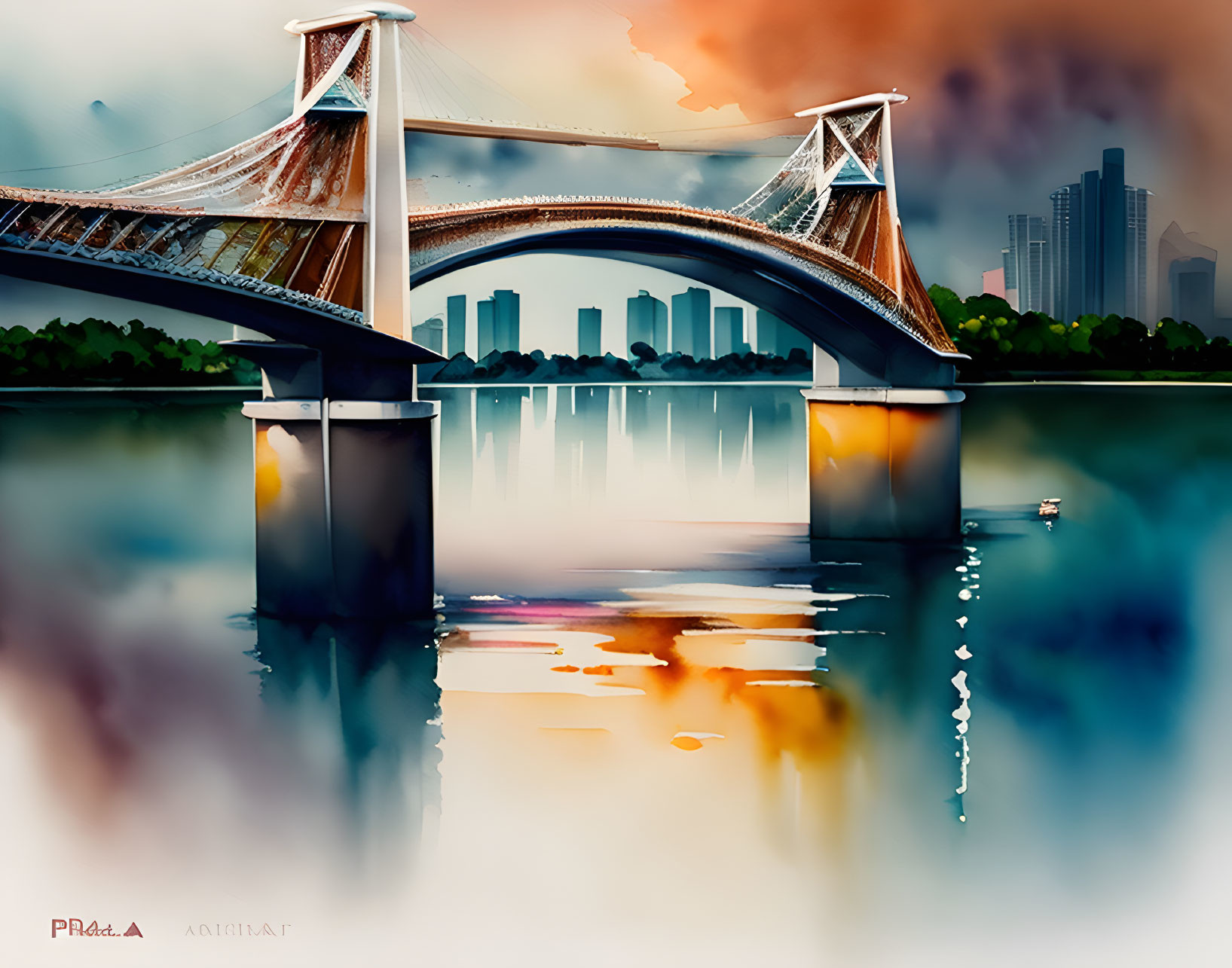 Suspension bridge over calm water with city skyline silhouette.