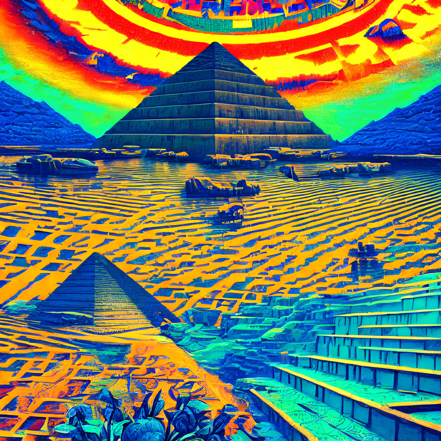 Colorful desert landscape with pyramids and surreal sky.