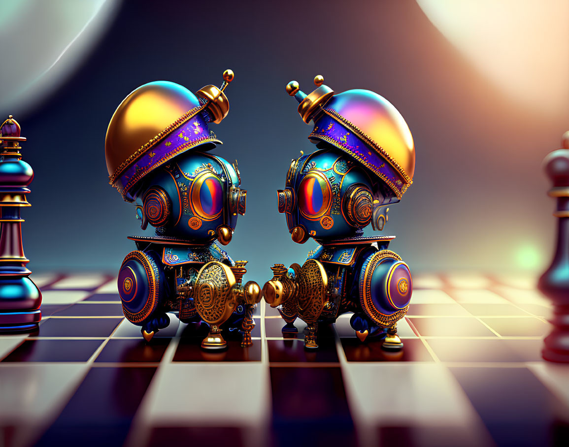 Steampunk-style robotic figures on chessboard with moon in background