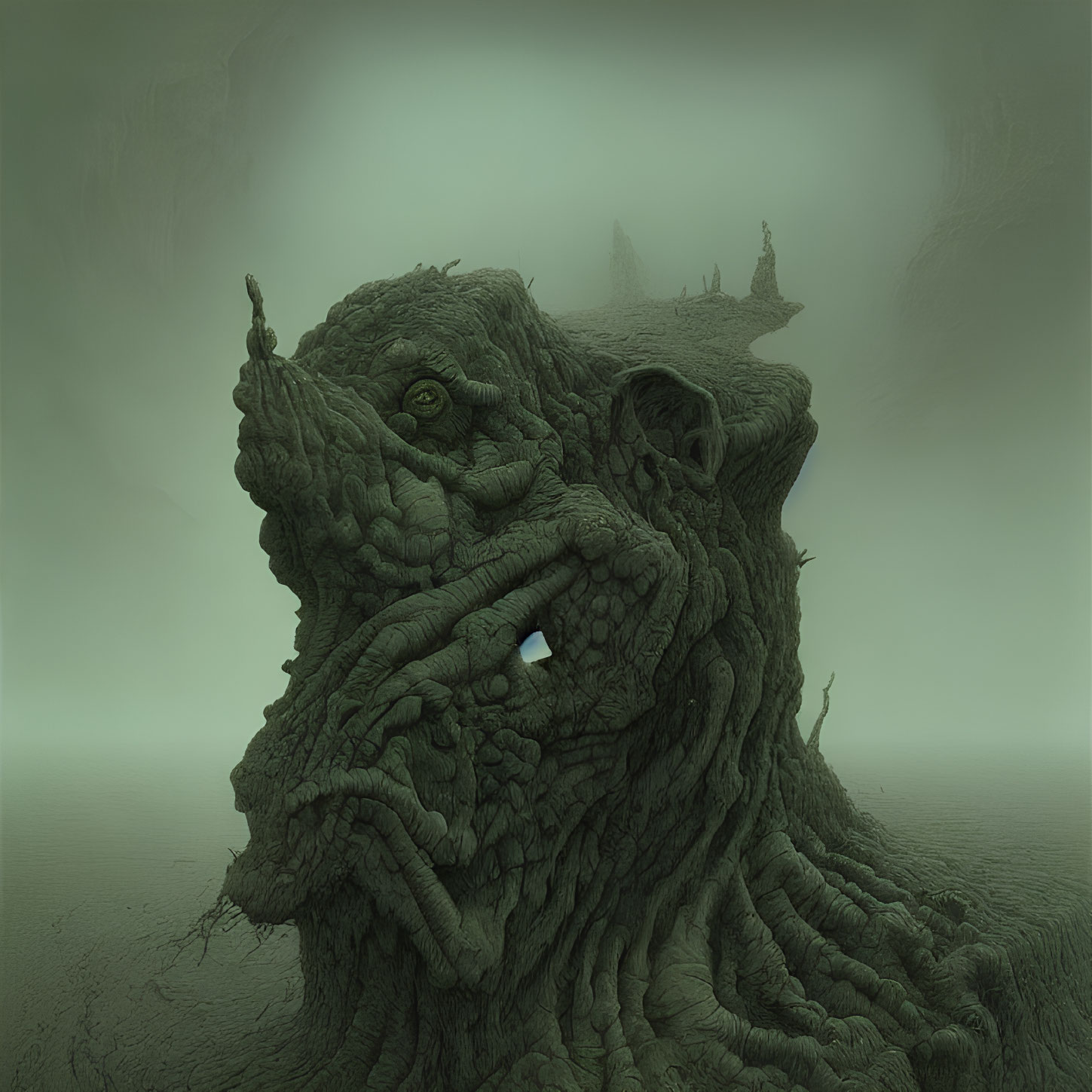 Majestic tree-like creature in misty green landscape