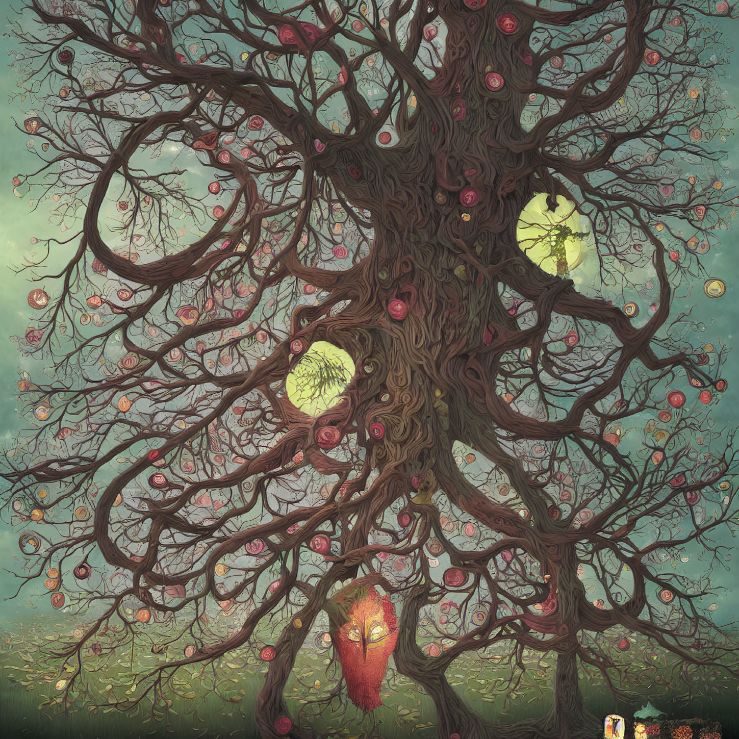 Twisted tree with glowing eyes, red baubles, greenish backdrop