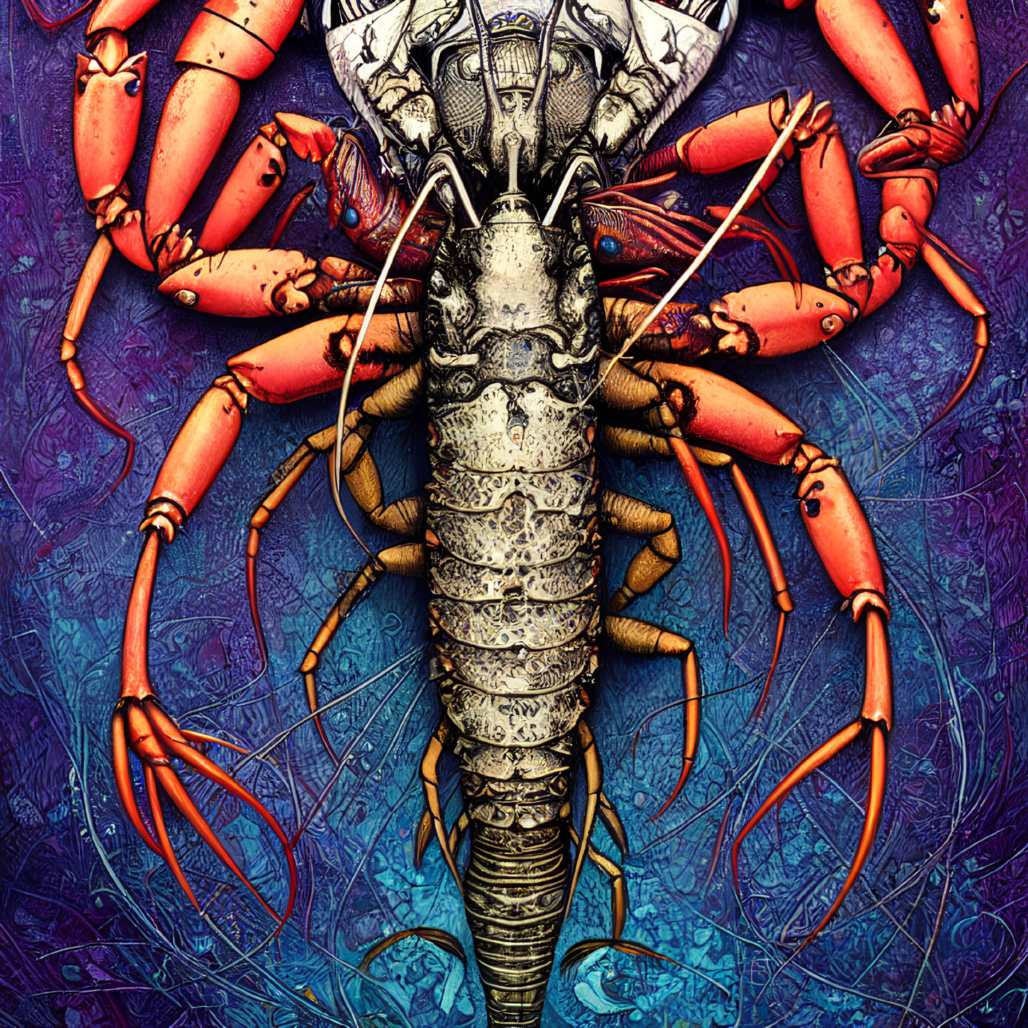 Detailed Lobster in Armor Illustration on Blue Background