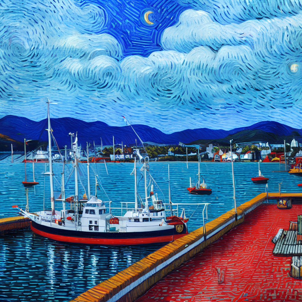 Harborside scene with swirl-patterned sky and docked boats