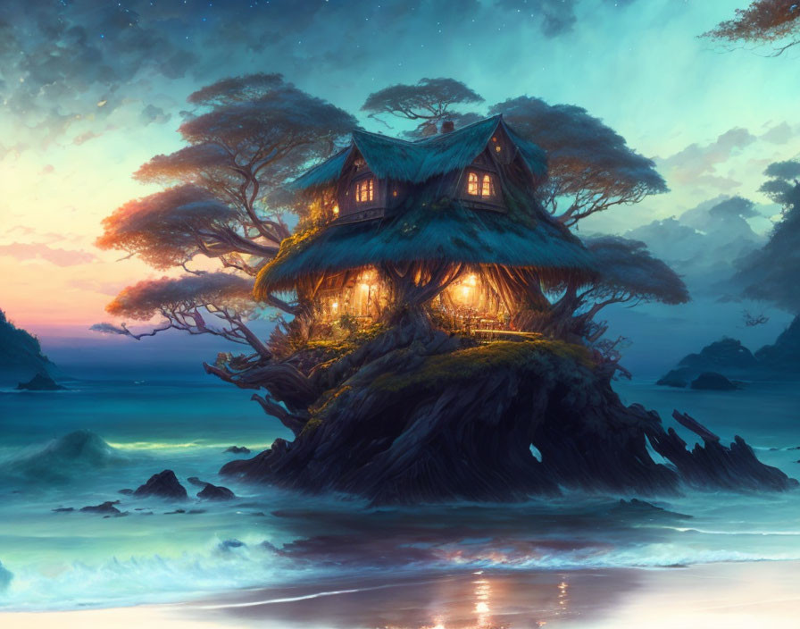 Seaside cliff cottage at twilight with tranquil waters