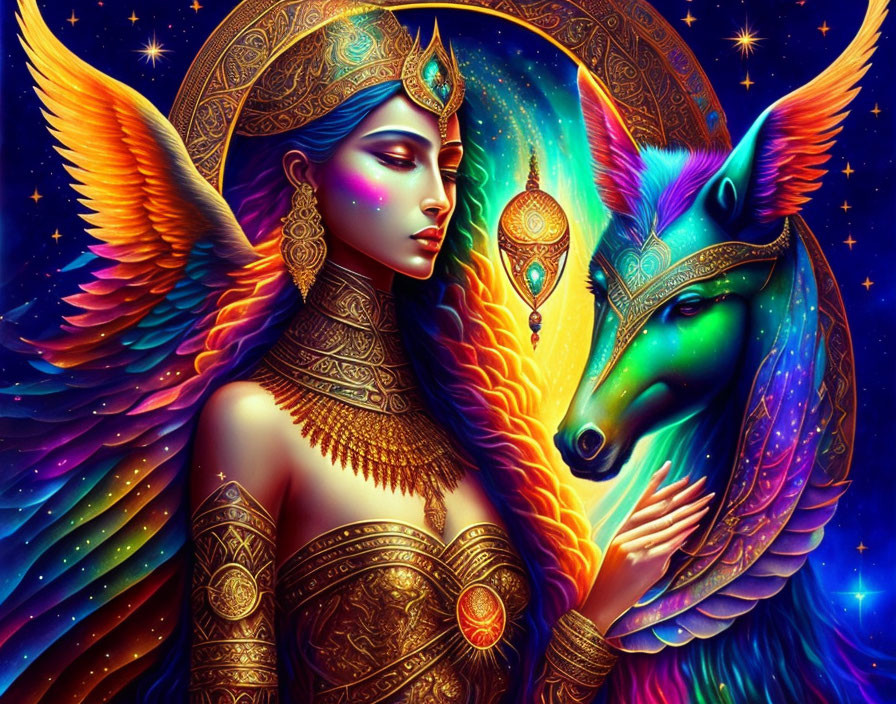 Vibrant winged woman and majestic wolf with cosmic motifs