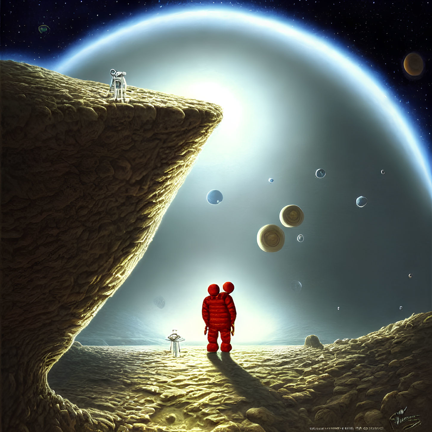 Astronaut in red suit on rocky alien landscape with colorful planets in sky