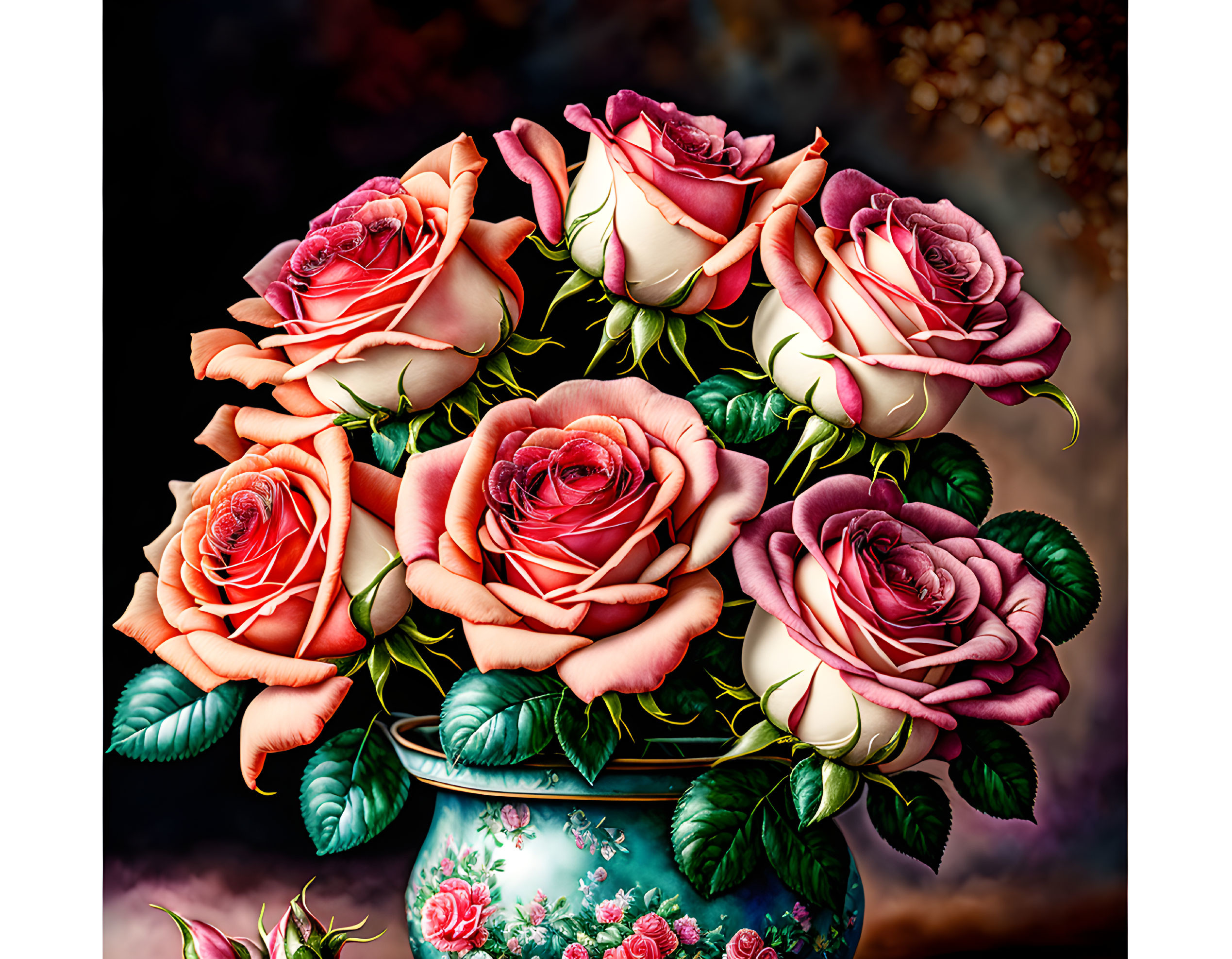 Pink and Cream Roses in Blue Vase on Dark Background