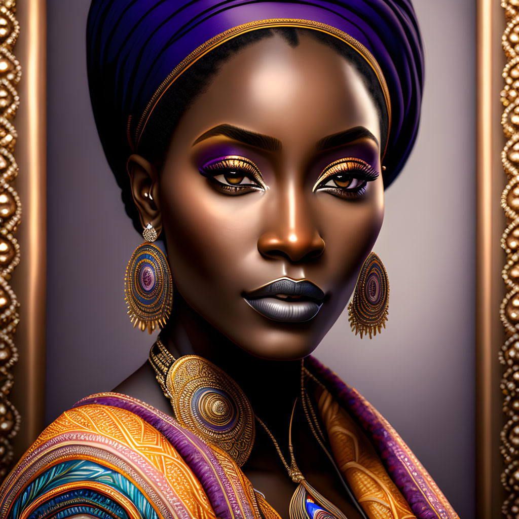 Colorful headscarf and striking makeup on woman in detailed illustration