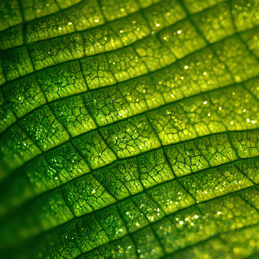 Detailed view of green leaf with intricate vein patterns and water droplets.