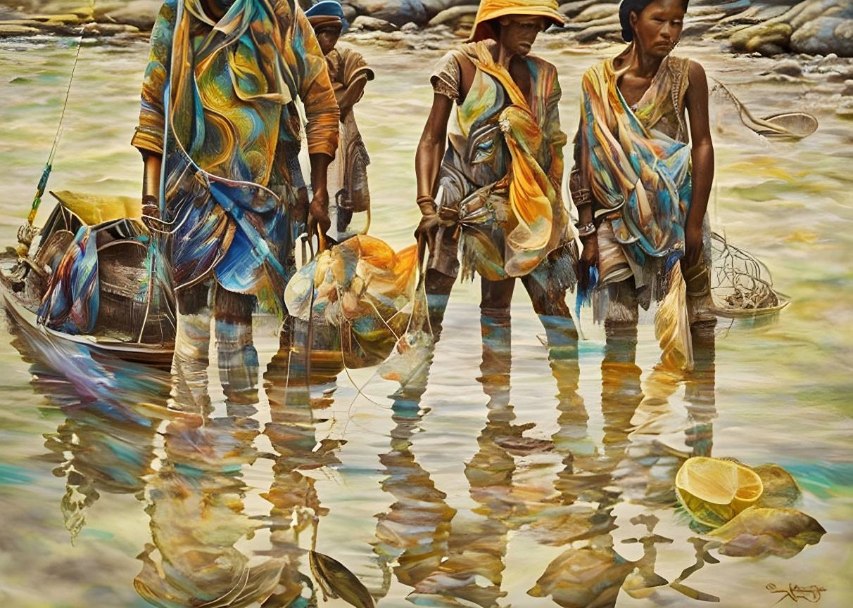 Three People in Colorful Garments Examining Fish Nets by Boat