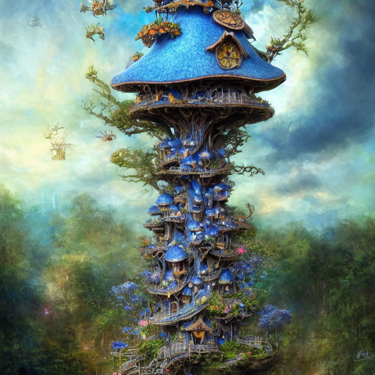 Unique Treehouse with Blue Mushroom Cap Roof in Misty Forest