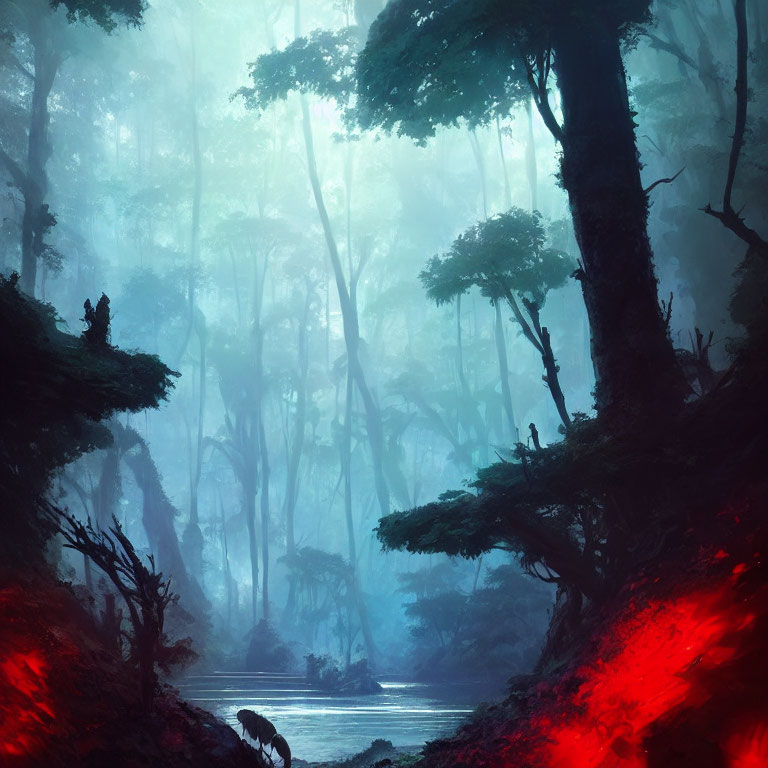 Mystical Forest with Eerie Red Light and Tranquil River