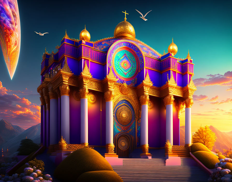 Colorful palace with golden domes against surreal mountainous backdrop