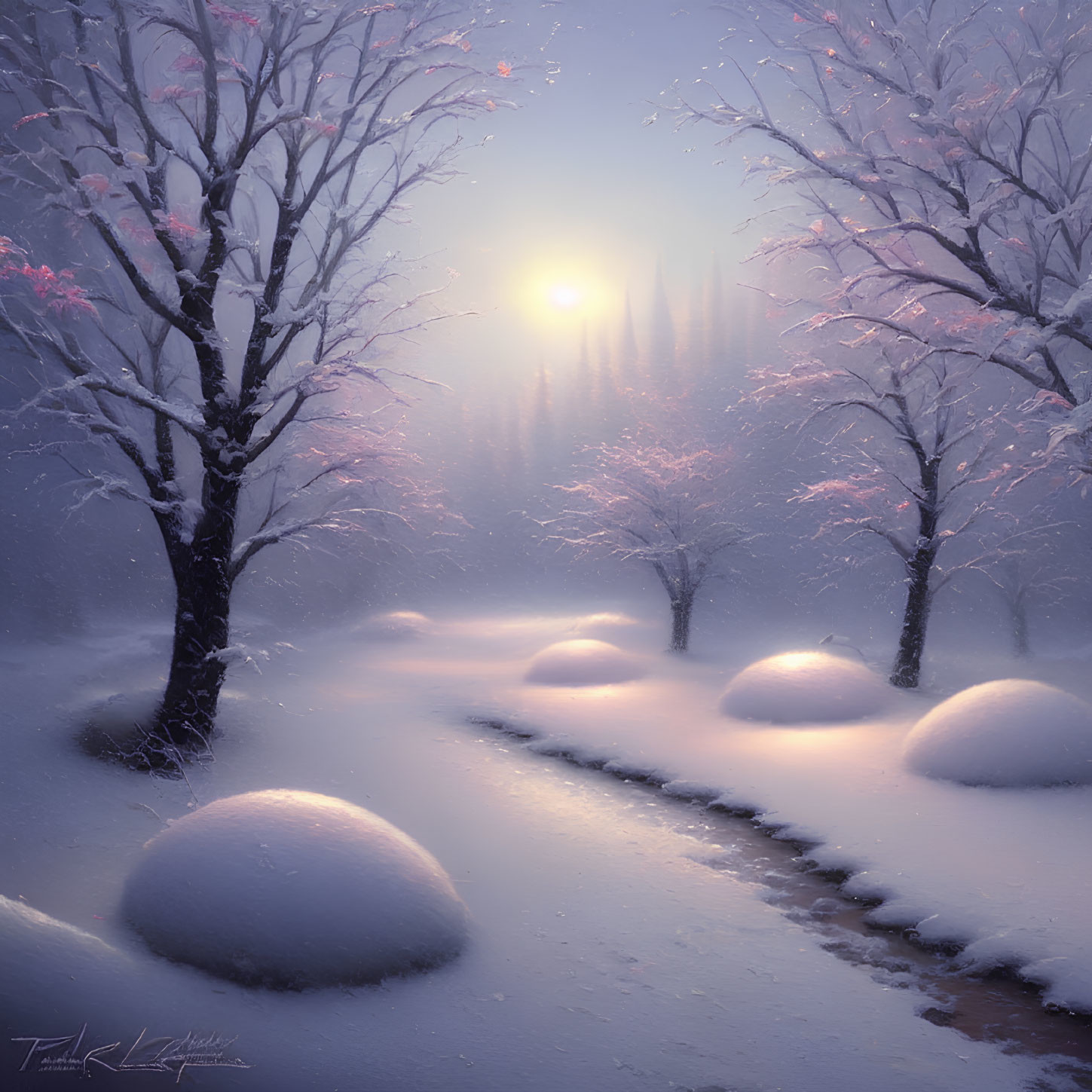 Snow-covered winter landscape with glowing sun and pink foliage