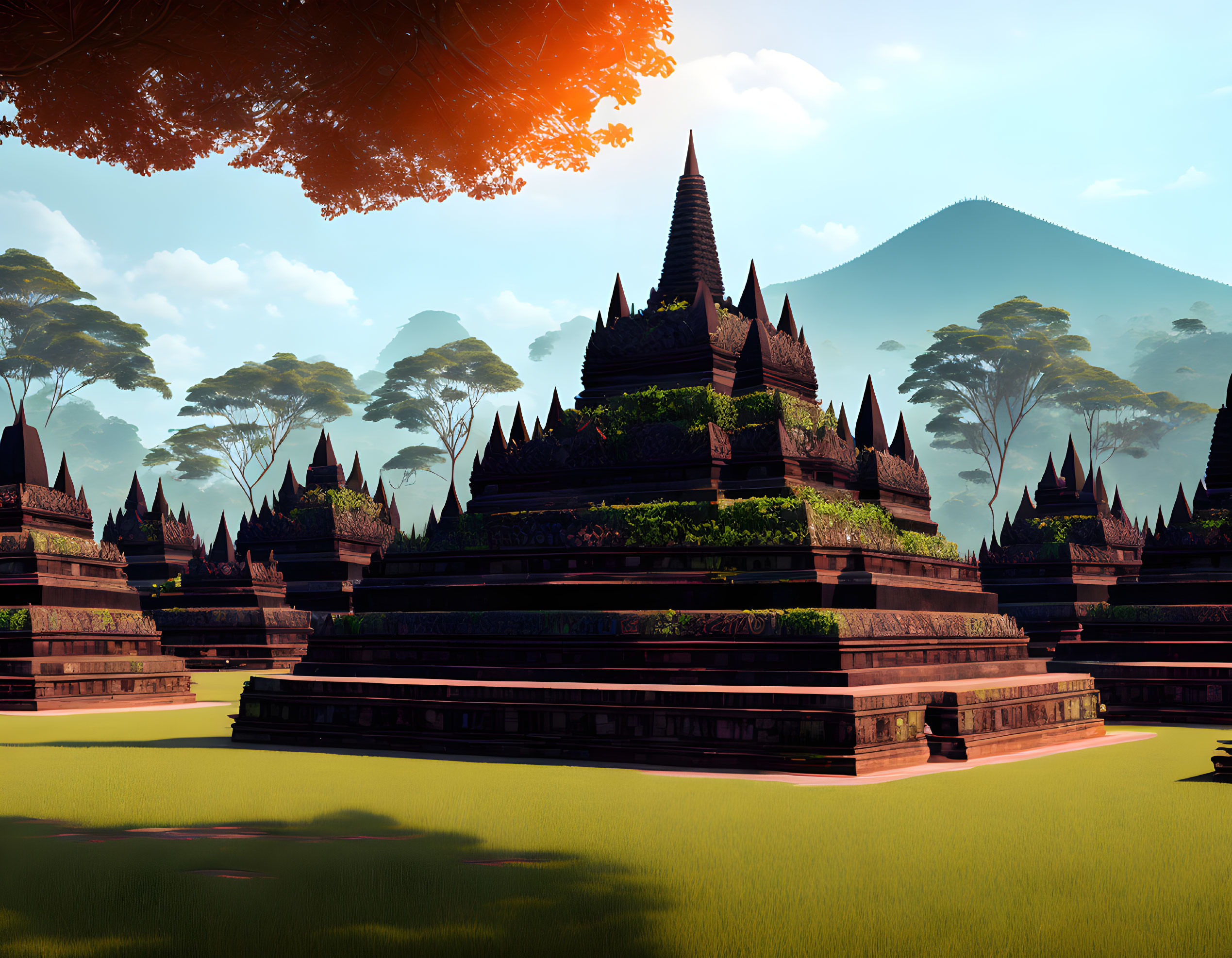 Layered ancient temple in lush forest with misty mountains & warm sky