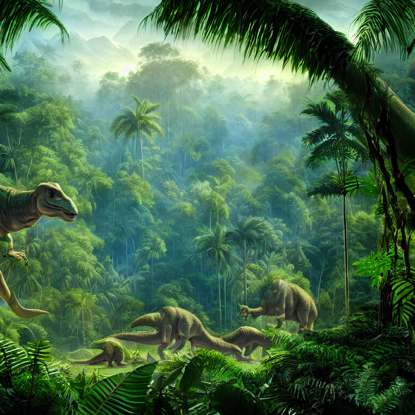 Diverse dinosaurs in lush prehistoric jungle