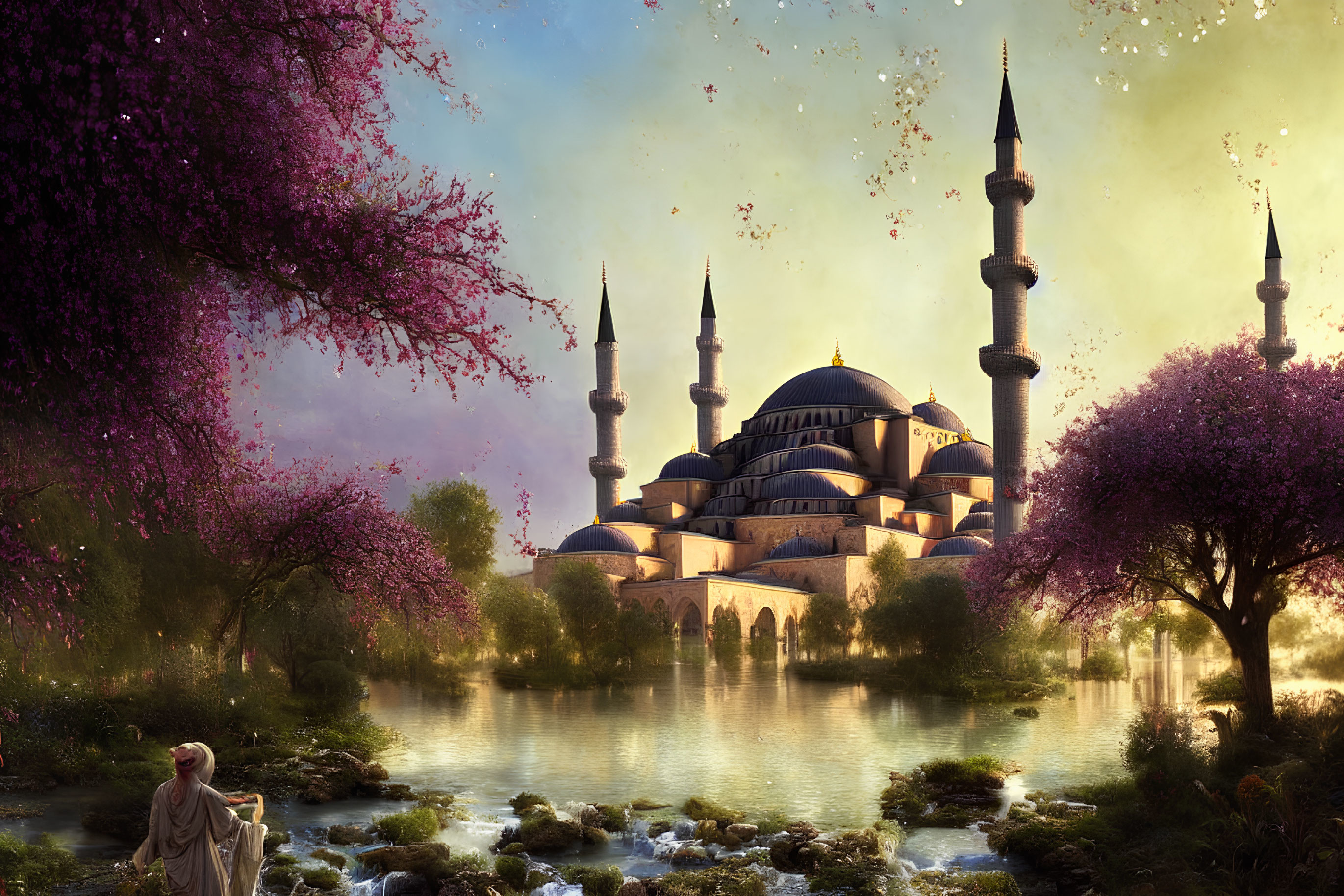 Woman in cloak gazes at grand mosque by serene lake with multiple minarets in mystical scene.